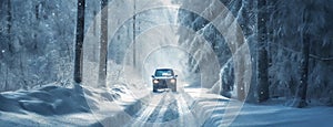 Car driving on a snowy forest road during a winter day. A solitary vehicle navigates a snow-covered road amidst a dense