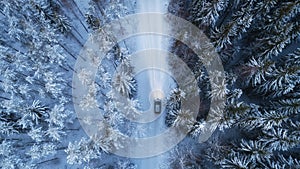 Car driving on snowy road through night forest. View from the air.