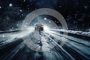 Car driving on a snowy road at night with motion blur effect, a car speeding down a snowy road, AI Generated