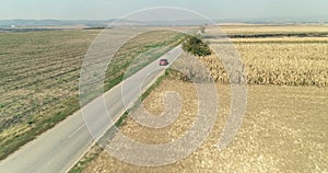 Car driving on a straight road plan crops partially burned winter sunny aerial drone shot