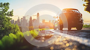 Car driving on a sunny road towards a city skyline, surrounded by lush greenery and golden sunlight