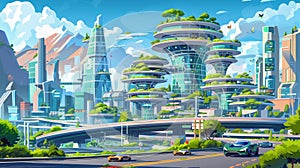 Car driving to futuristic city. Modern illustration of glass buildings with green trees on roofs and balconies, highway