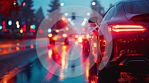 Car Driving on Wet Road at Night
