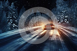 Car driving on winter road with motion blur effect. Blurred background, a car speeding down a snowy road, AI Generated