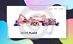 Car Dump Landing Page Template. Crane Grabbing Old Car for Recycling, Automobile Utilization Characters Dismantling Auto