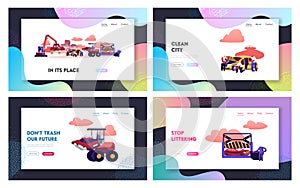 Car Dump Landing Page Template Set. Industrial Crane Grabbing Old Car for Recycling, Utilization Auto for Scrap Metal