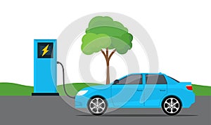Car electric charge station vector vehicle. Eco charging hybrid electric concept illustration