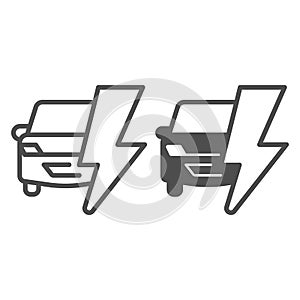 Car and electric lightning line and solid icon, electric car concept, hybrid vehicle Logo on white background, Car and