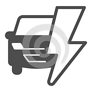 Car and electric lightning solid icon, electric car concept, hybrid vehicle Logo on white background, Car and lightning