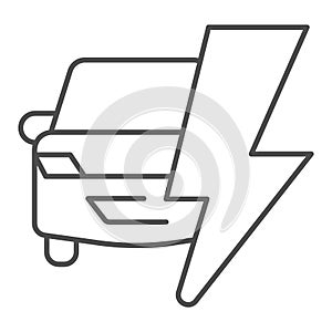 Car and electric lightning thin line icon, electric car concept, hybrid vehicle Logo on white background, Car and