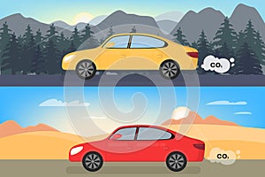 Car emits carbon dioxide. Air pollution with CO2