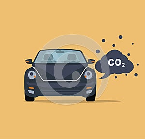 Car emits carbon dioxide. Flat style photo