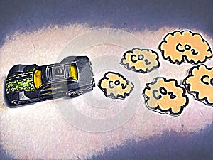 Car emitting carbon dioxide shown by CO2 sign