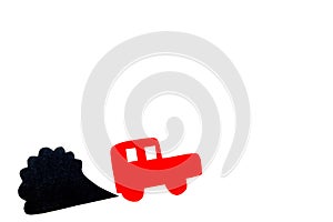 Car emitting dirty smoke. Pollution concept. Car and smoke cutout on white background top view copy space