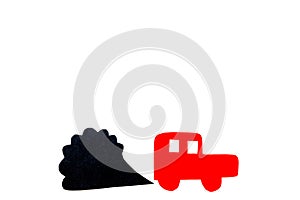 Car emitting dirty smoke. Pollution conept. Car and smoke cutout on white background top view copy space