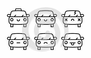 Car emoji, car face character smiles line style icons set