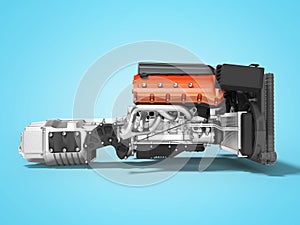 Car engine with air filters with gearbox side view 3d render on blue background with shadow