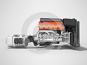 Car engine with air filters with gearbox side view 3d render on gray background with shadow