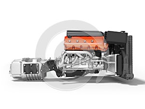 Car engine with air filters with gearbox side view 3d render on white background with shadow