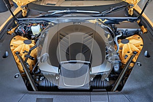 Car Engine Bay, powerful V8 sport coupe