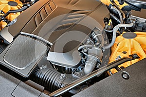 Car Engine Bay, powerful V8 sport coupe