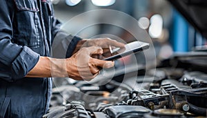 The car engine being diagnosed with a digital tablet by a mechanic