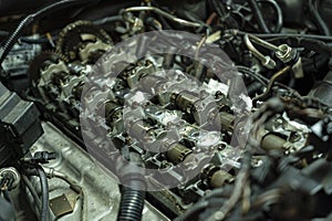 Car engine camshafts disassembled for maintenance 9