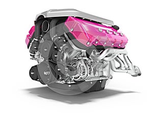 Car engine cast iron magenta with starter isolated 3d render on white background with shadow