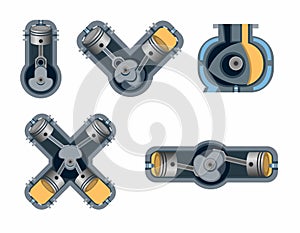 Car engine combustion collection set. Inline  Rotary  Boxer V and X engine in xray symbol concept illustration vector