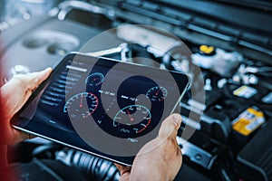 Car engine diagnostics. service mechanic using digital tablet to inspect vehicle condition