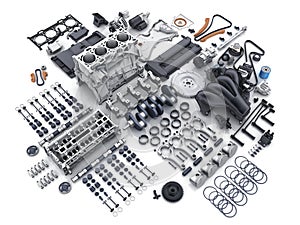 Car engine disassembled. many parts.