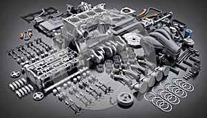 Car engine disassembled. many parts