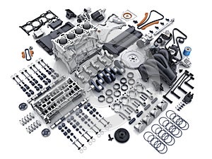 Car engine disassembled. many parts. photo