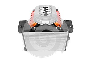 Car engine for eight cylinders red assembled radiator air filter side view 3d render isolated on white background no shadow