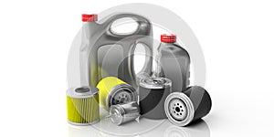 Car engine fuel and oil filters and oil canisters isolated against white background. 3d illustration