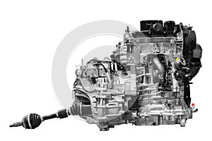 Car engine with gearbox on white background