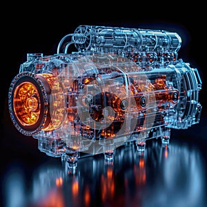 Car engine high tech transparent glowing translucent in neon light on black background