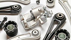 Car engine parts. Auto motor mechanic spare or automotive piece on white background. Set of new metal car part. Automobile engine