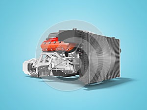 Car engine with radiator grille transmission with air filters 3d render on blue background with shadow