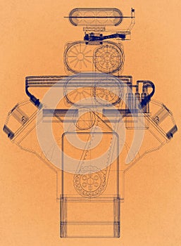 Car Engine - Retro Architect Blueprint