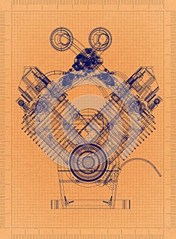 Car Engine - Retro Blueprint