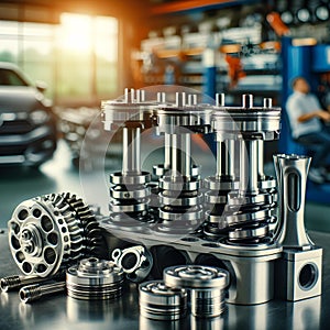 car engine and a set of repair tools on service station background