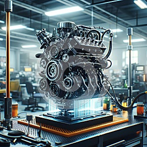 car engine and a set of repair tools on service station background