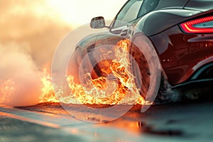 A car is engulfed in flames, creating a dangerous situation on the road as smoke fills the air, A sports car burning rubber as it