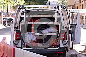 the car with the equipment for repair of city communications