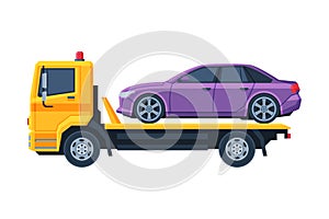 Car Evacuator with Damaged Car, Auto Accident Flat Vector Illustration