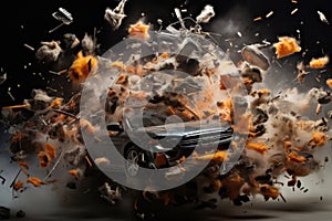 A car exploding into pieces, its fragments scattering in a fiery blast, depicting a vehicular incident of explosion and