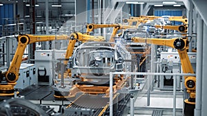 Car Factory 3D Concept: Automated Robot Arm Assembly Line Manufacturing Advanced High-Tech Green