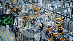 Car Factory 3D Concept: Automated Robot Arm Assembly Line Manufacturing High-Tech Green Energy