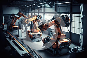 Car factory assembly line with automatic robotic arms working. Generative AI